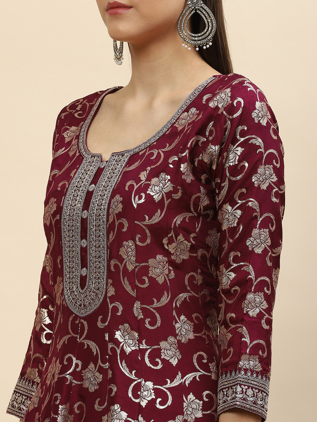 Resham Zari Embroidered Handloom Kurta With Palazzo &amp; Dupatta