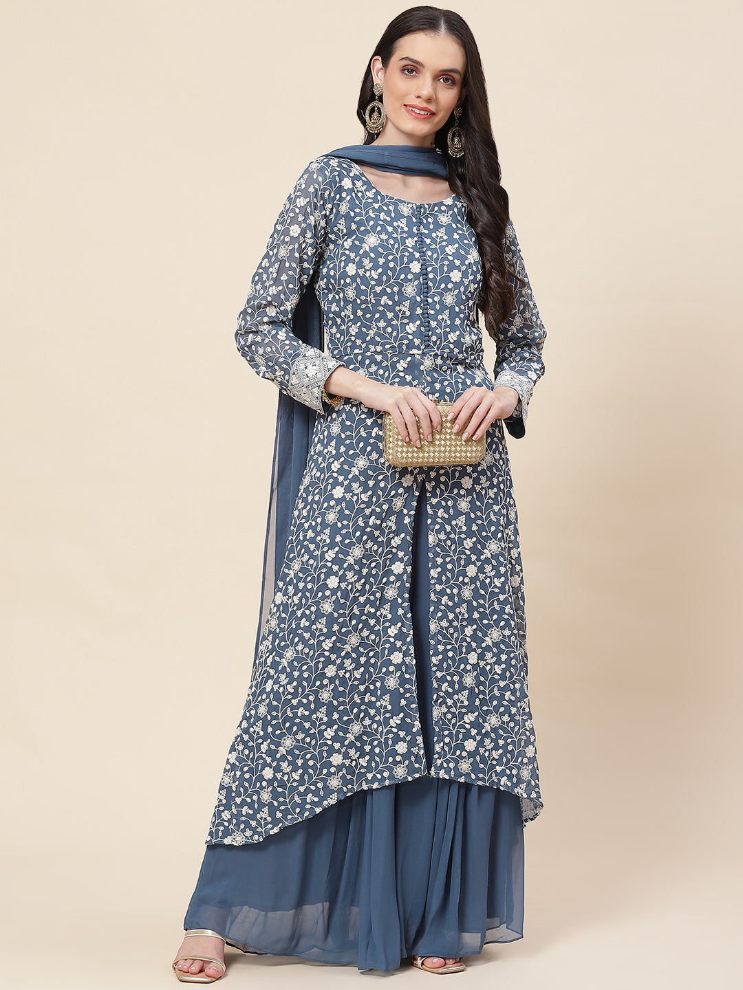 Embroidered Georgette Kurta With Palazzo &amp; Dupatta