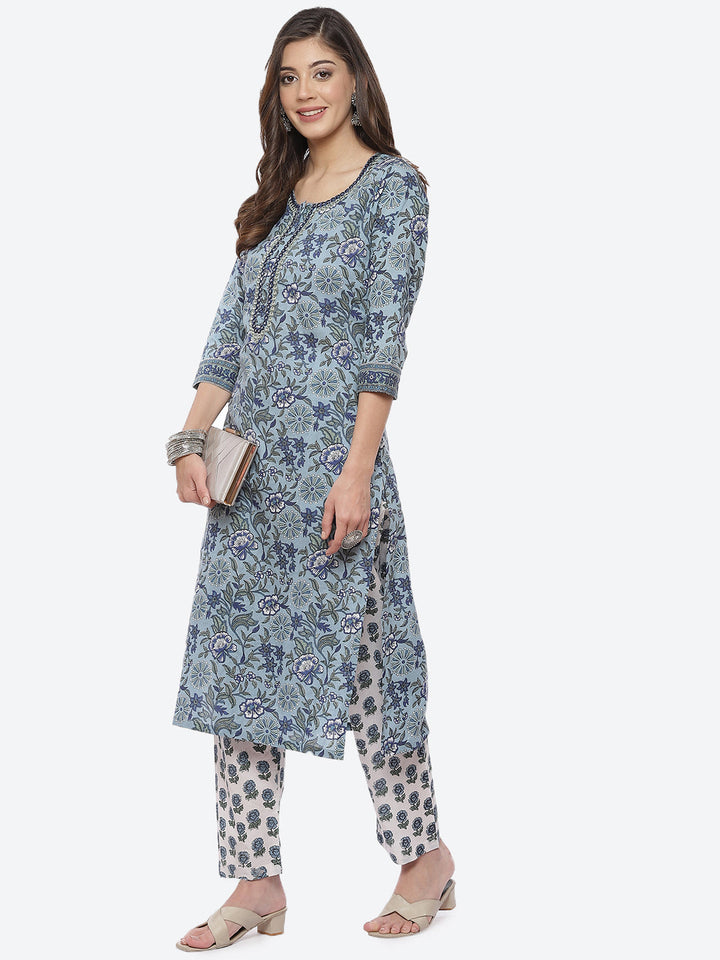 Floral Printed Cotton Kurta With Printed Pant