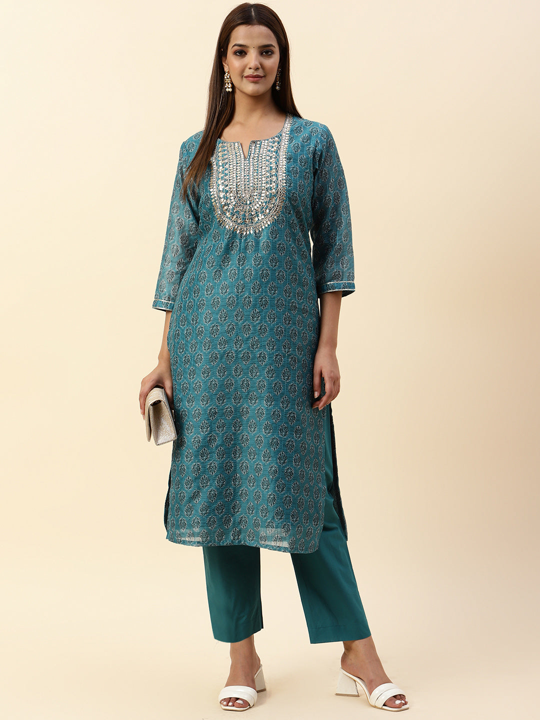 Printed &amp; Neck Embroidered Chanderi Kurta With Pants