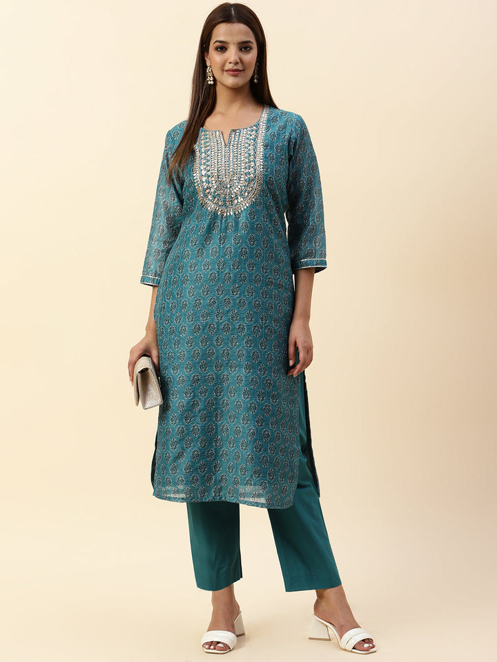 Printed &amp; Neck Embroidered Chanderi Kurta With Pants