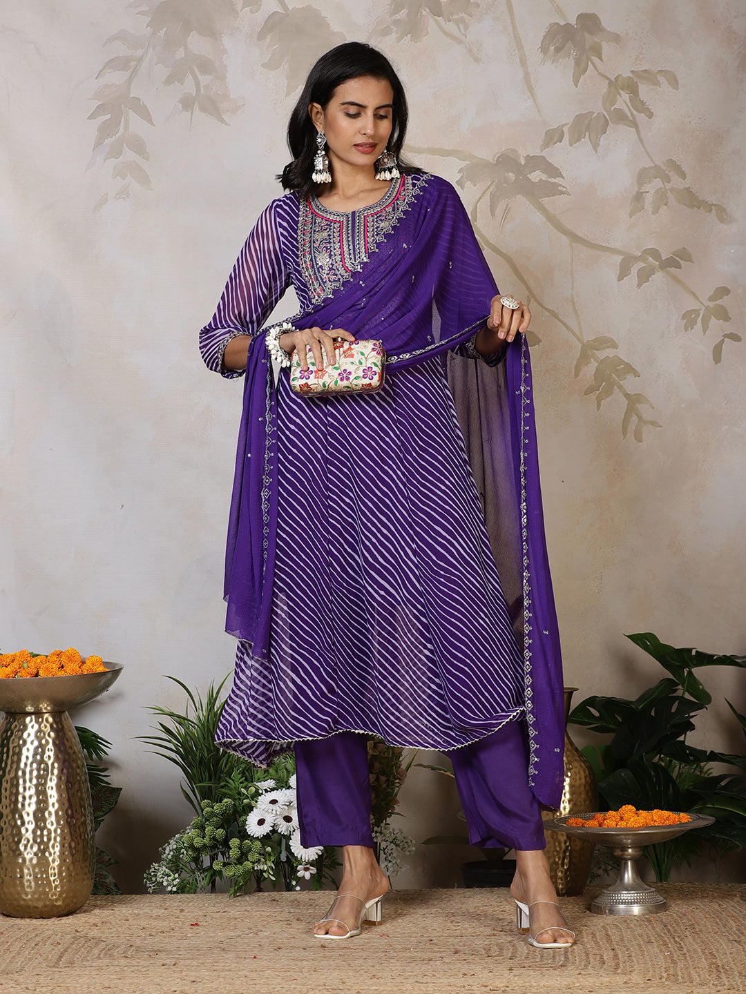 Embroidered Georgette Kurta With Pants &amp; Dupatta