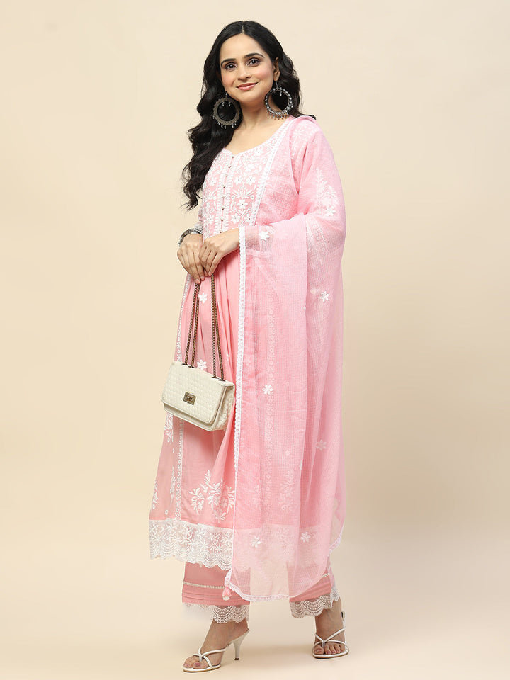 Neck Embroidery Cotton Anarkali With Pants &amp; Dupatta