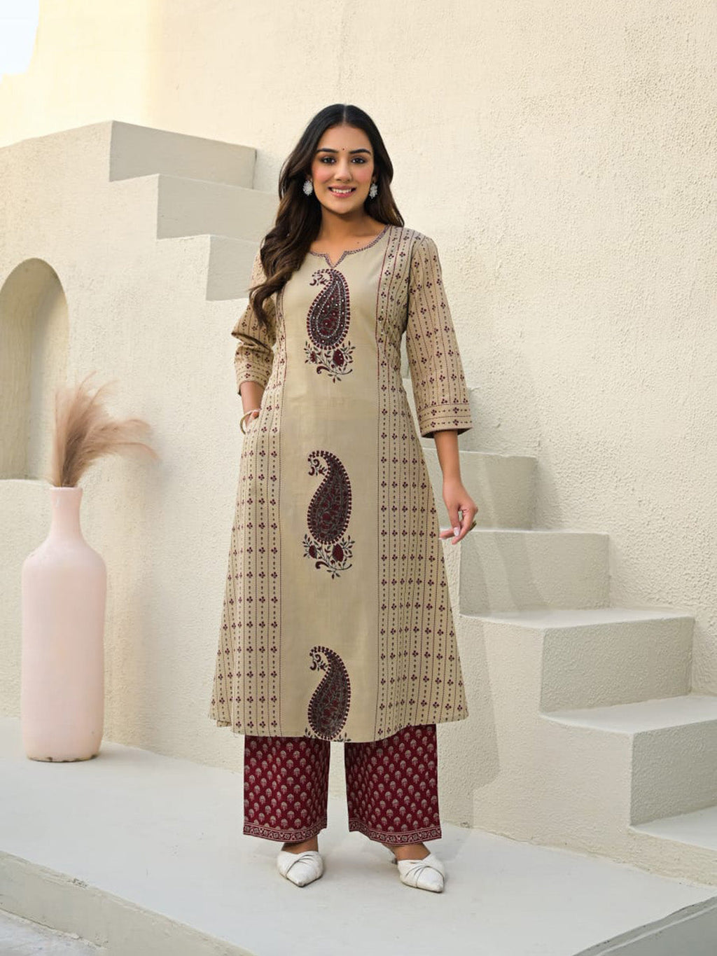 Beige Red Cotton Blend Printed Straight Suit Set