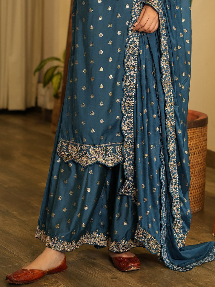 Neck Embroidered Chanderi Kurta With Garara &amp; Dupatta