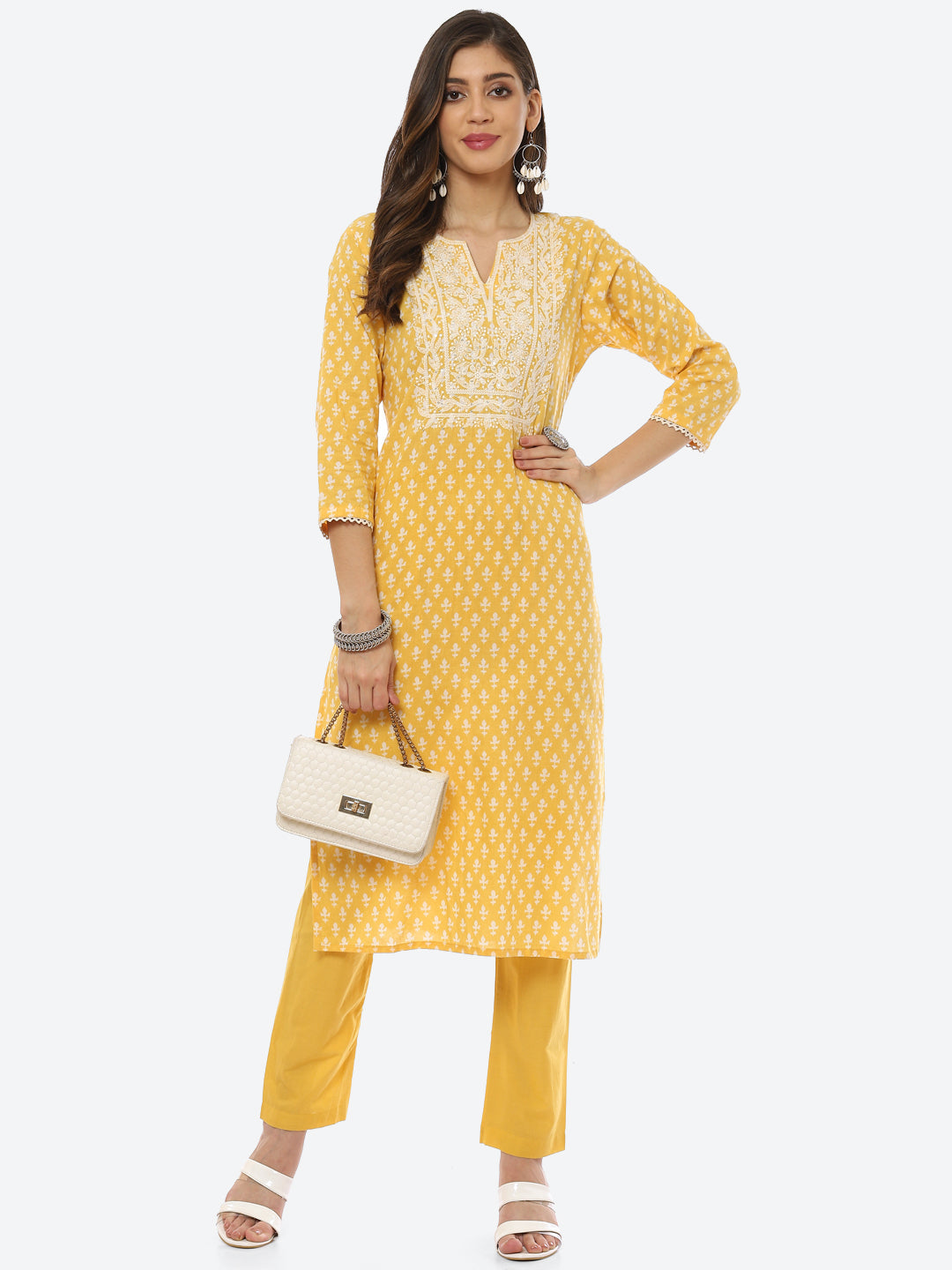 Resham Work Printed Cotton Kurta With Pant
