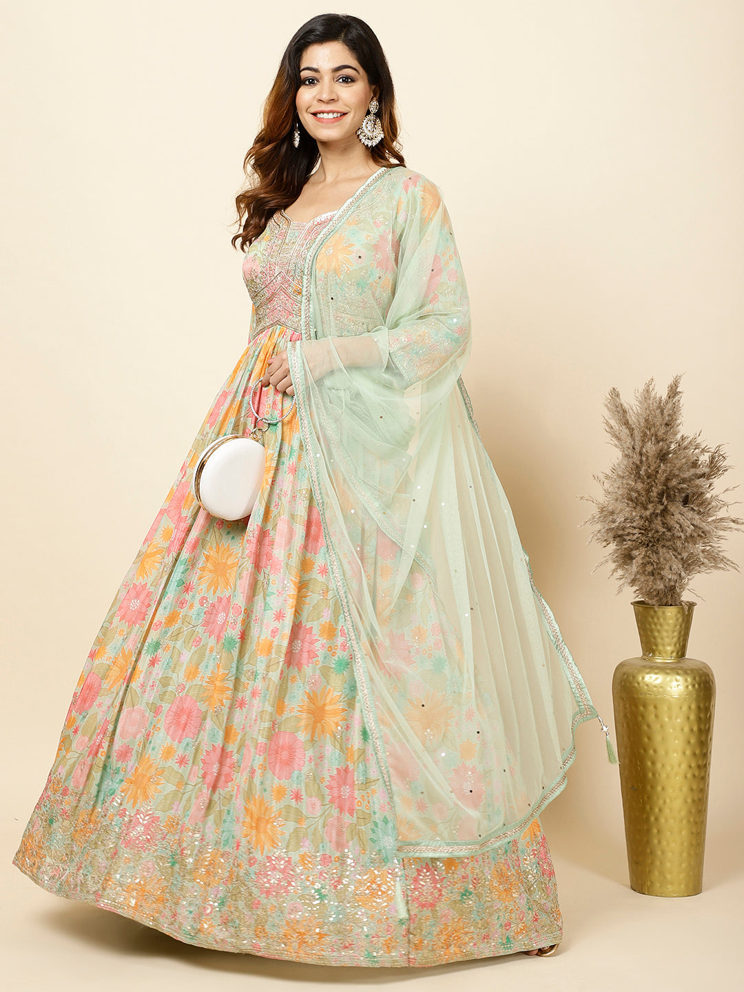 Printed Georgette Anarkali Kurta With Churidar & Dupatta