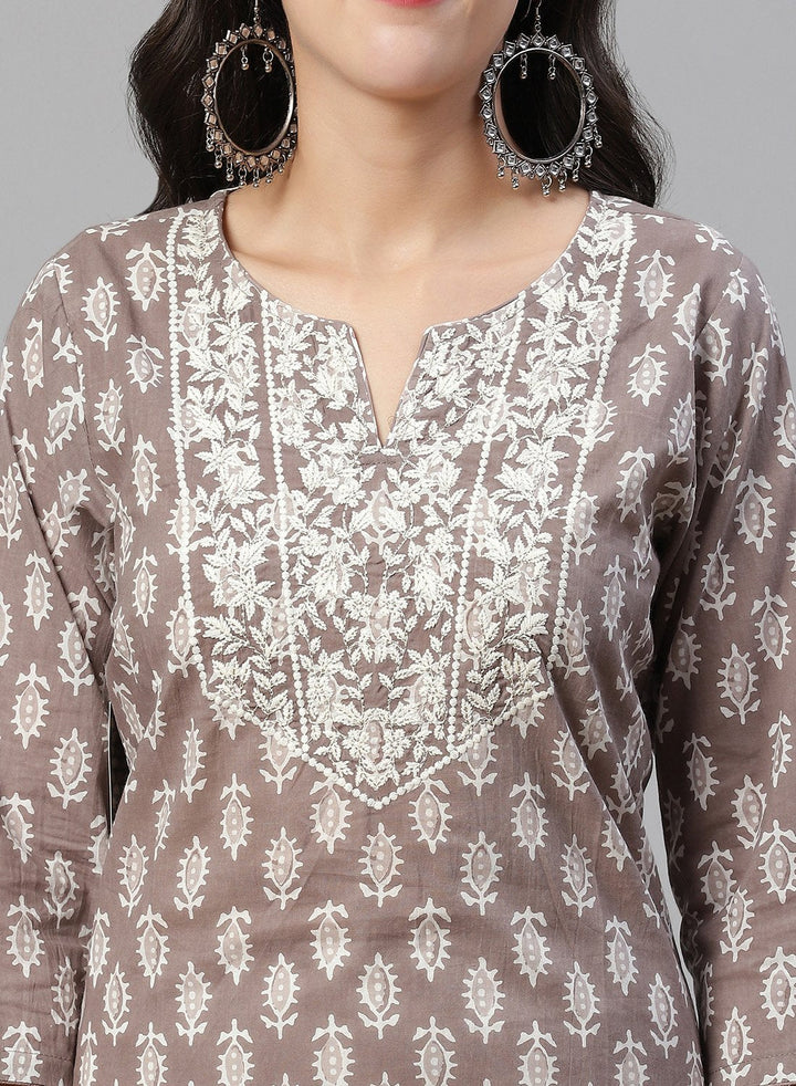 Yoke Embroidered Cotton Printed Kurti Pant Set