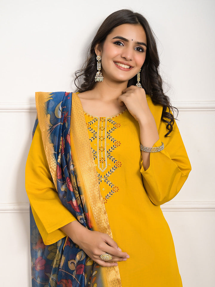Neck Embroidered Muslin Kurta With Pants &amp; Dupatta