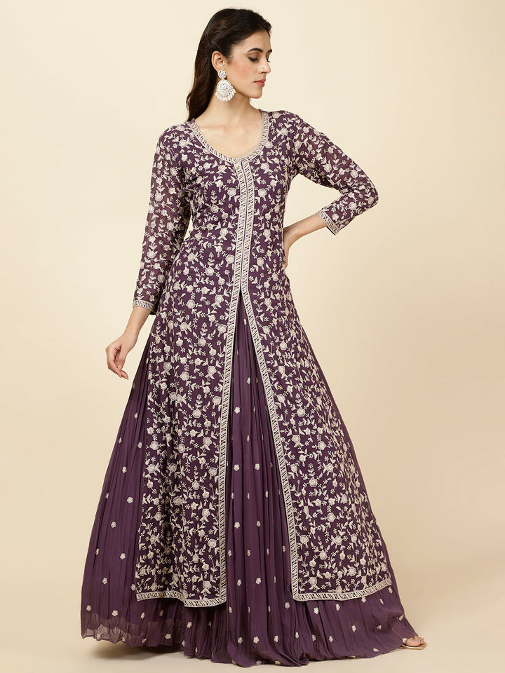Embroidered Georgette Kurta With Skirt &amp; Dupatta