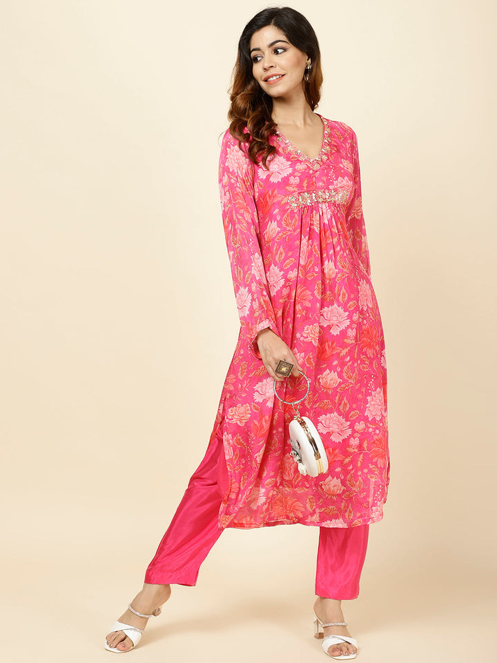Printed Chinnon Kurta With Pants
