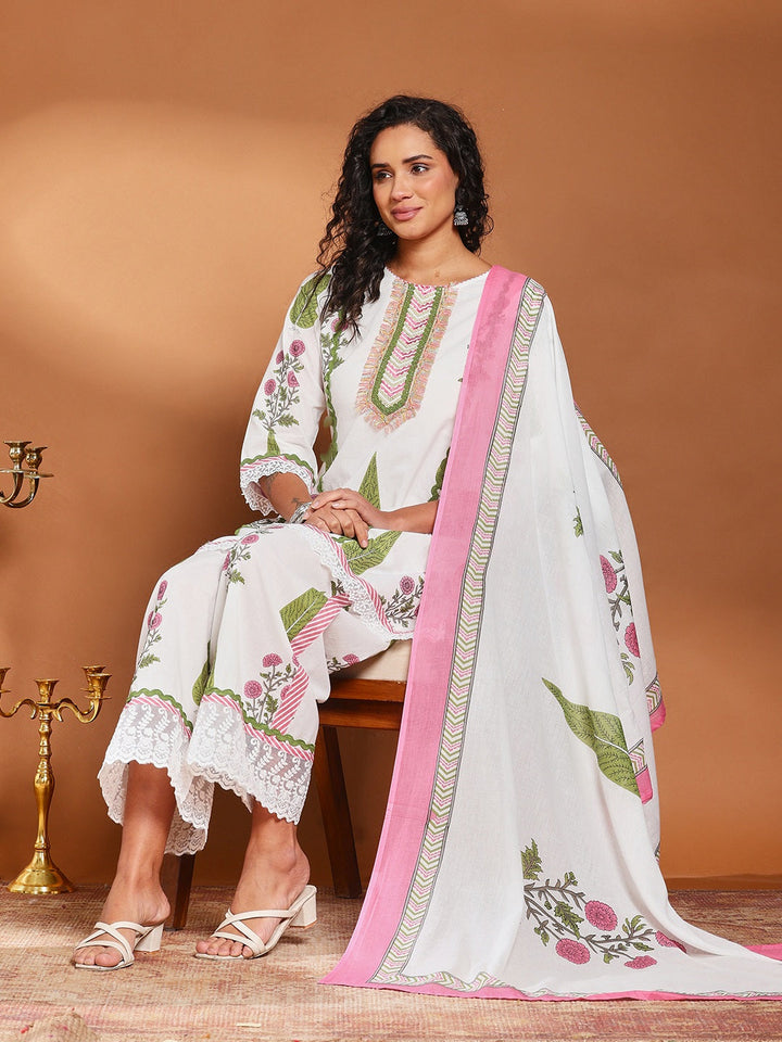 Printed Cotton Blend Kurta With Pant &amp; Dupatta