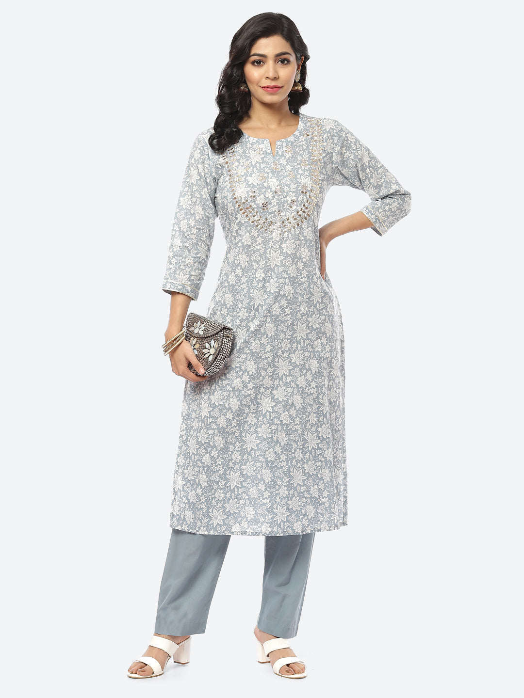 Printed Gota Neck Cotton With Pant
