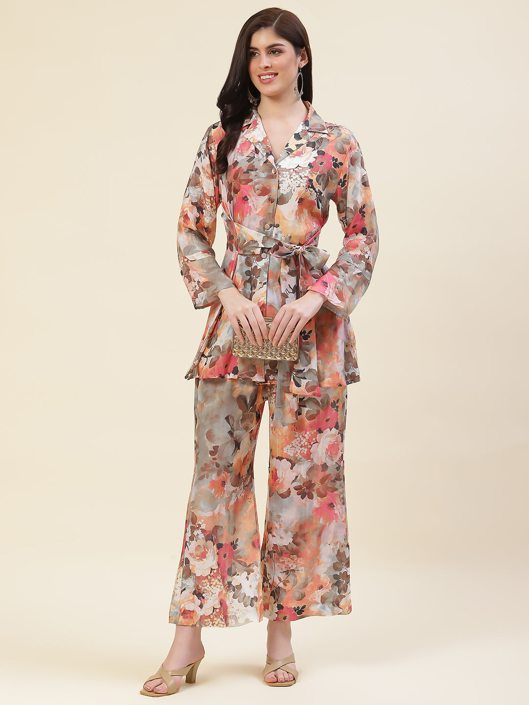 Multicolored Co-ord Set Short Kurti With Flared Pants