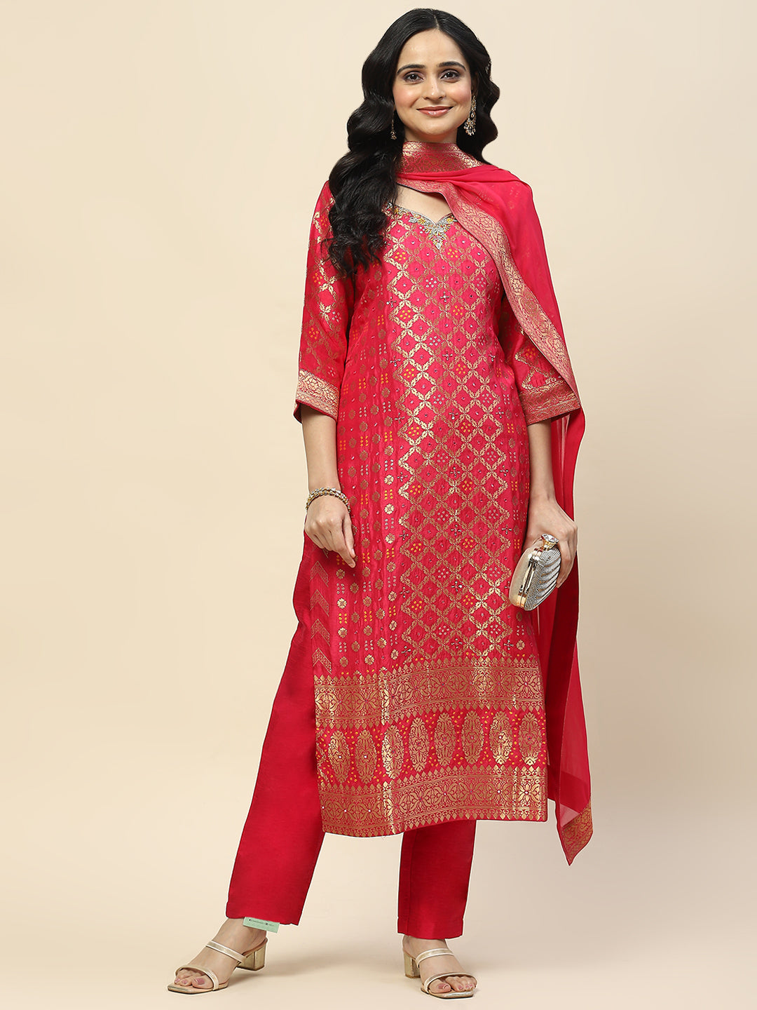Woven Banarasi Kurta With Pants &amp; Dupatta