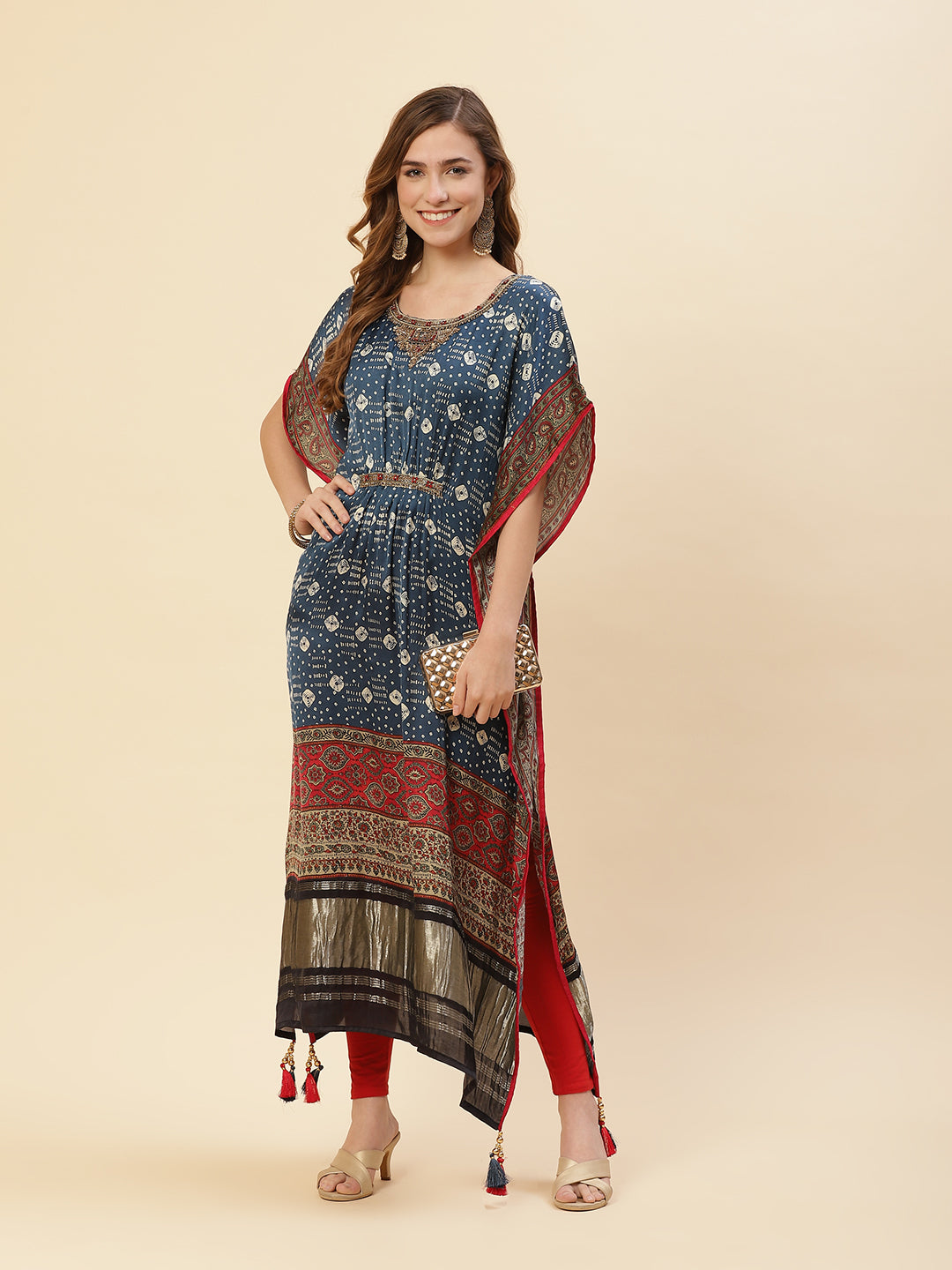 Printed Satin Navy Blue Colored Kaftan