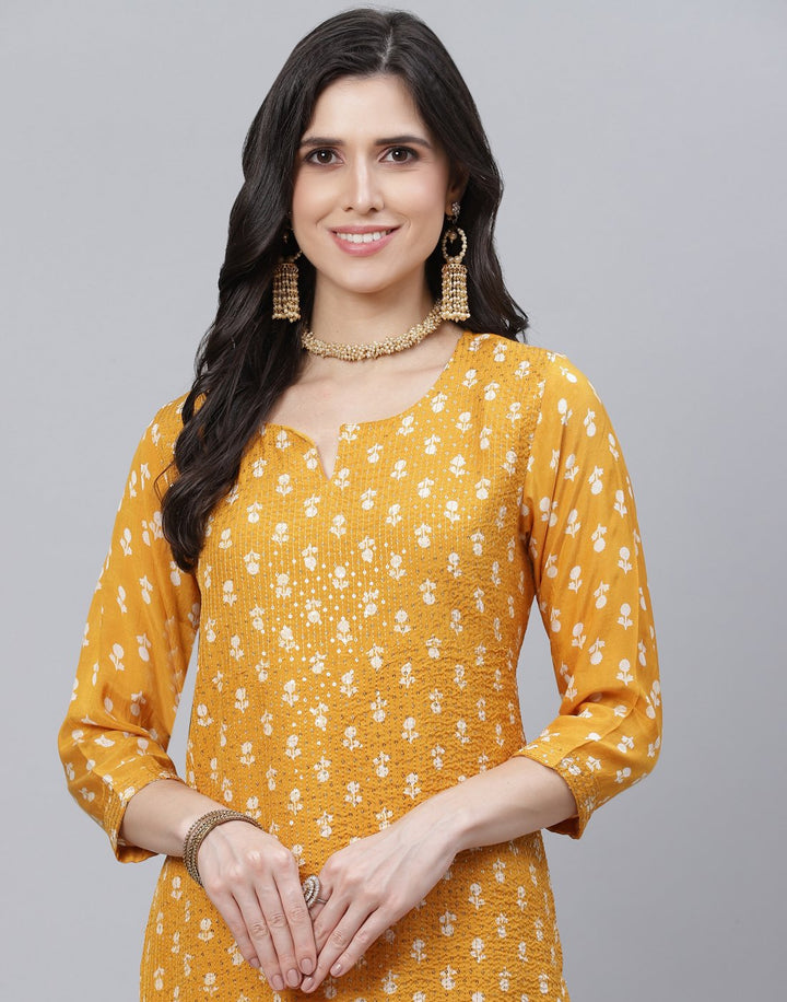 Printed Cotton Kurti Pant Set with Sequin Detail