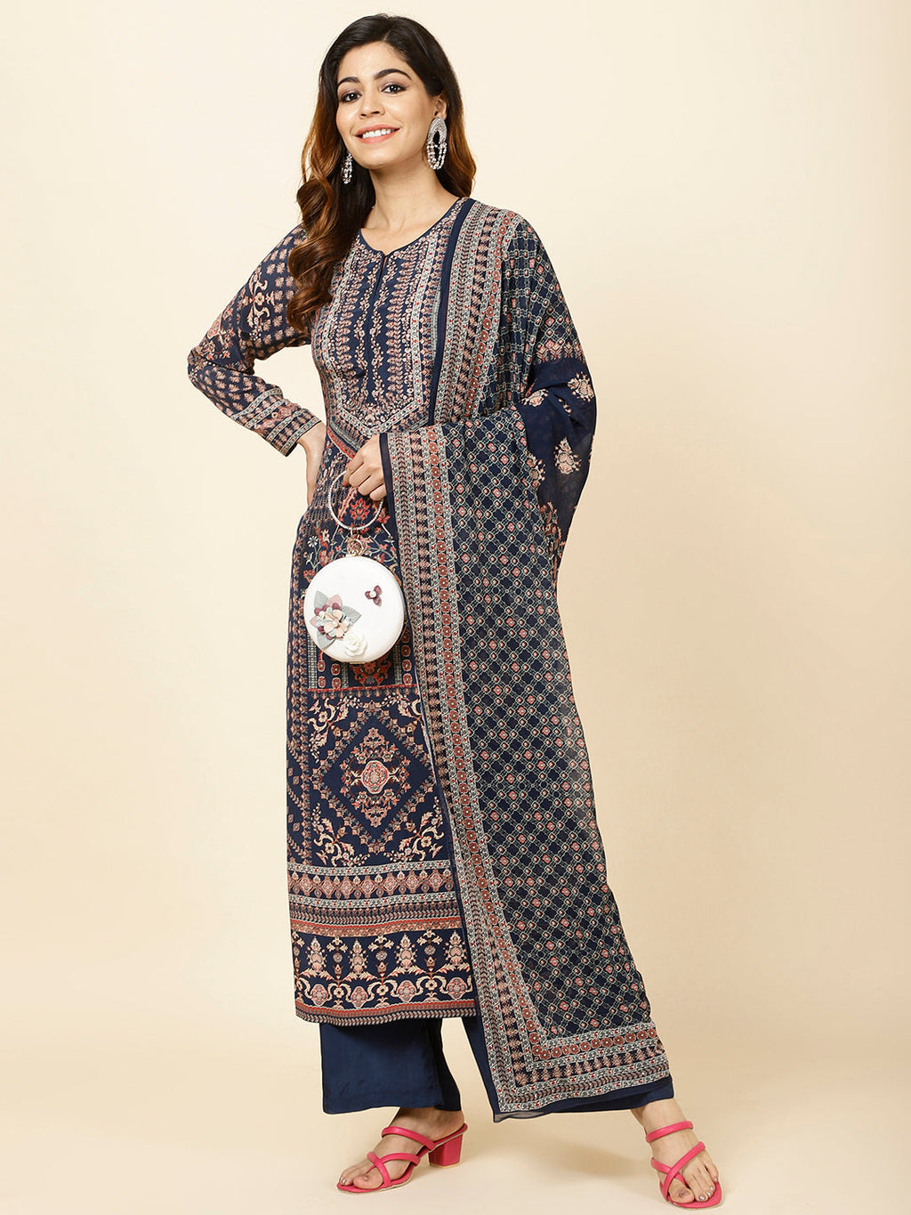 Digital Printed Crepe Kurta With Palazzo & Dupatta