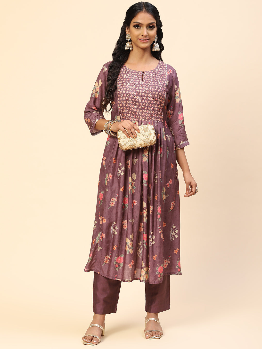 Floral Printed Embroidered Cotton Kurta With Pants