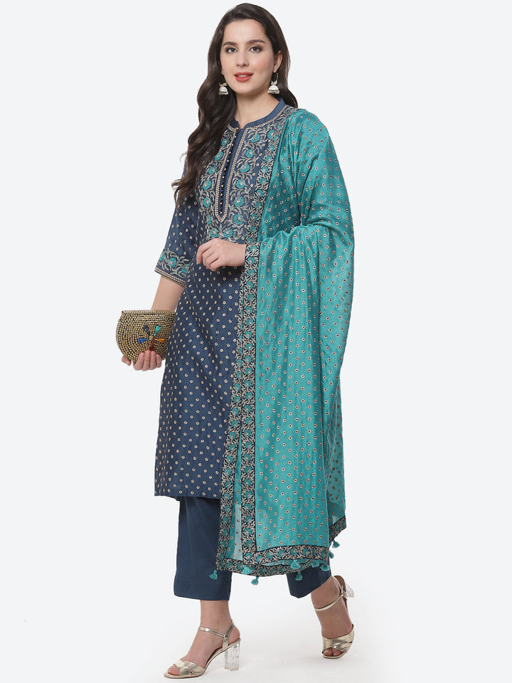 Embroidered Cotton Chanderi Stitched Salwar Kameez With Embroidered Dupatta