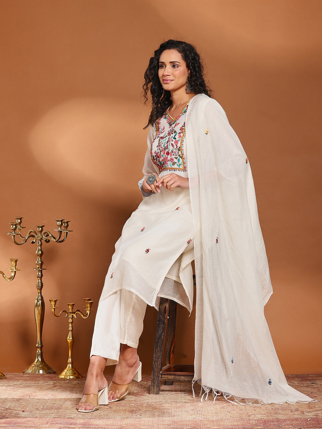 Embroidered Cotton Blend Kurta With Pant &amp; Dupatta