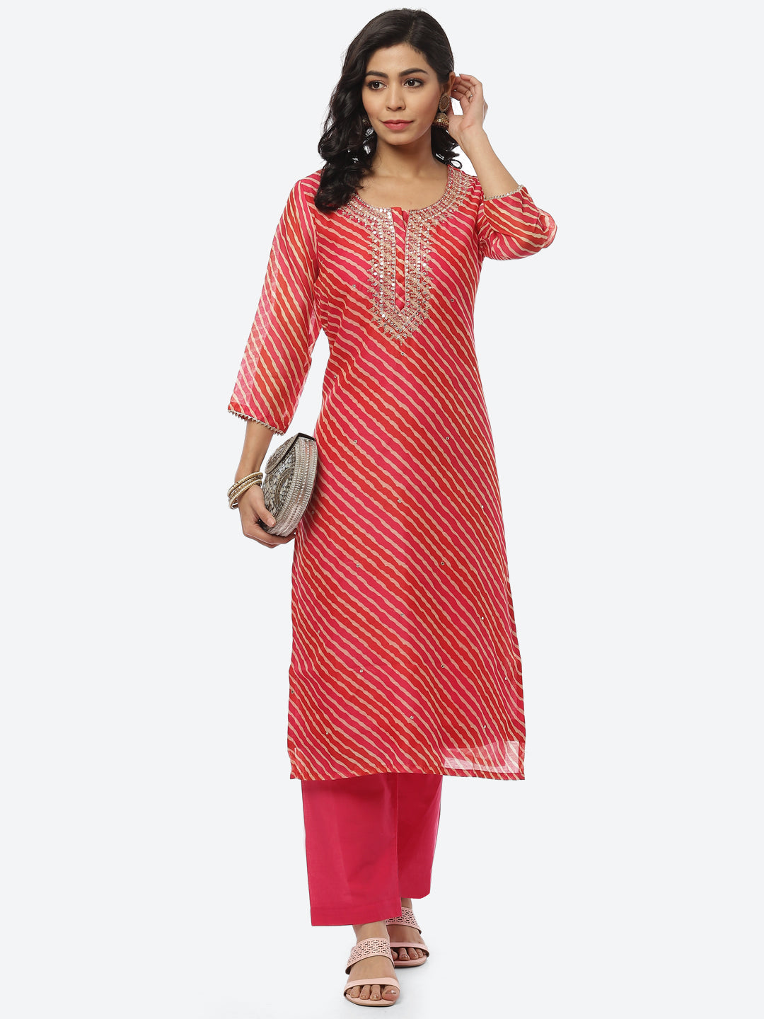 Printed Neck Embroidered Chanderi Kurti With Pant