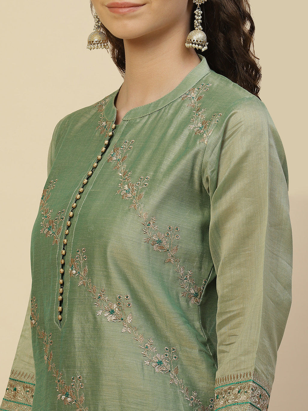 Zari Booti Cotton Kurta With Pants & Dupatta