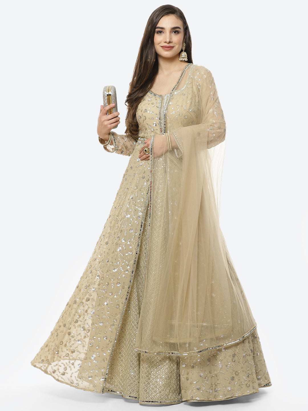 Embroidered Georgette Anarkali Kurti With Lehenga And Net Dupatta