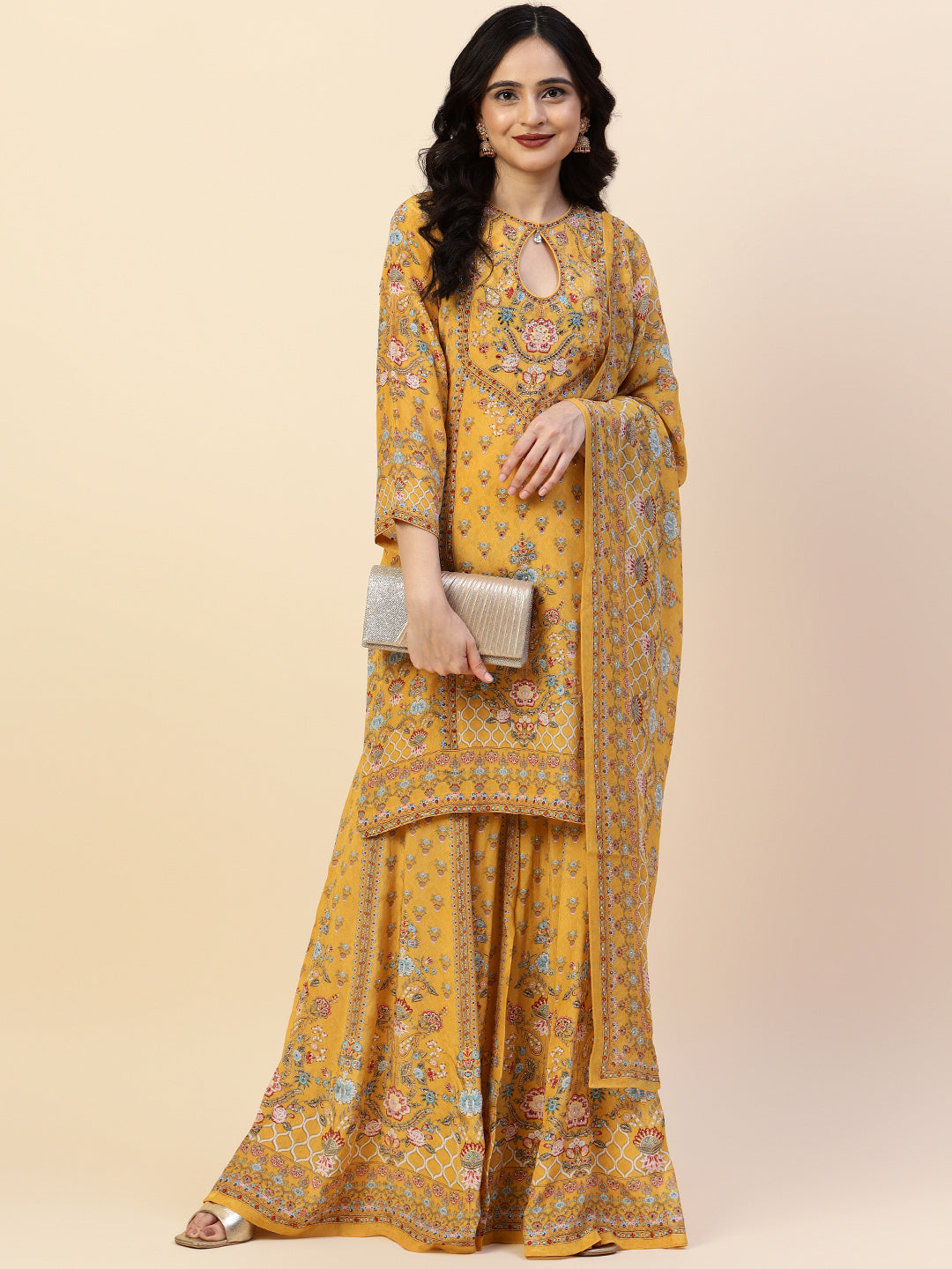 Digital Printed Crepe Kurta With Sharara &amp; Dupatta
