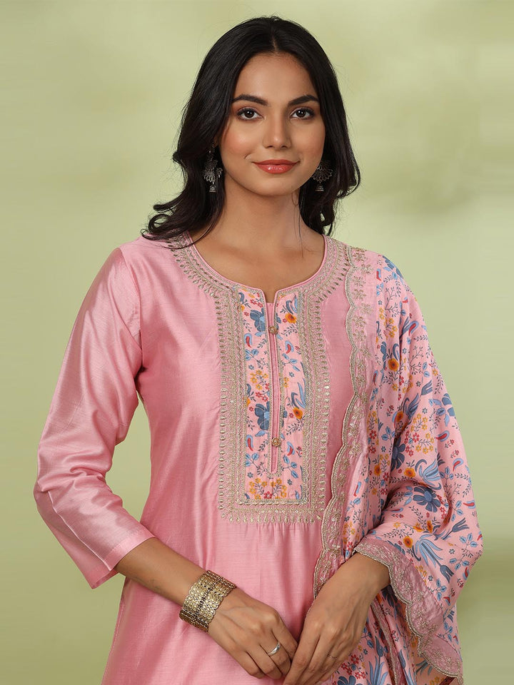 Neck Embroidered Chanderi Kurta With Pants &amp; Dupatta
