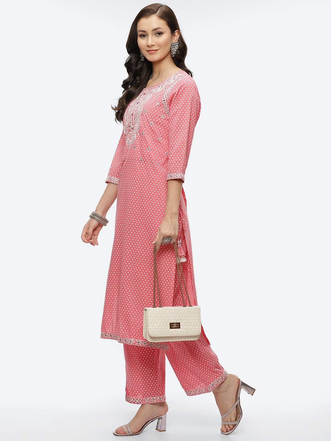 Mirror Neck Embroidered Cotton Kurta With Palazzo