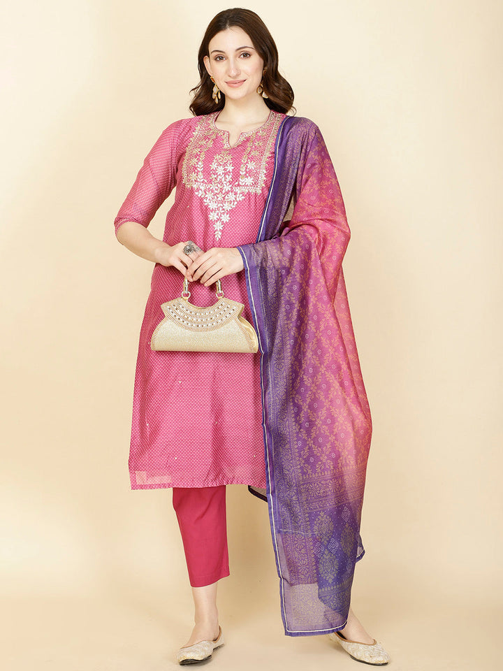 Neck Gota Patti &amp; Printed Chanderi Kurta With Pants &amp; Dupatta
