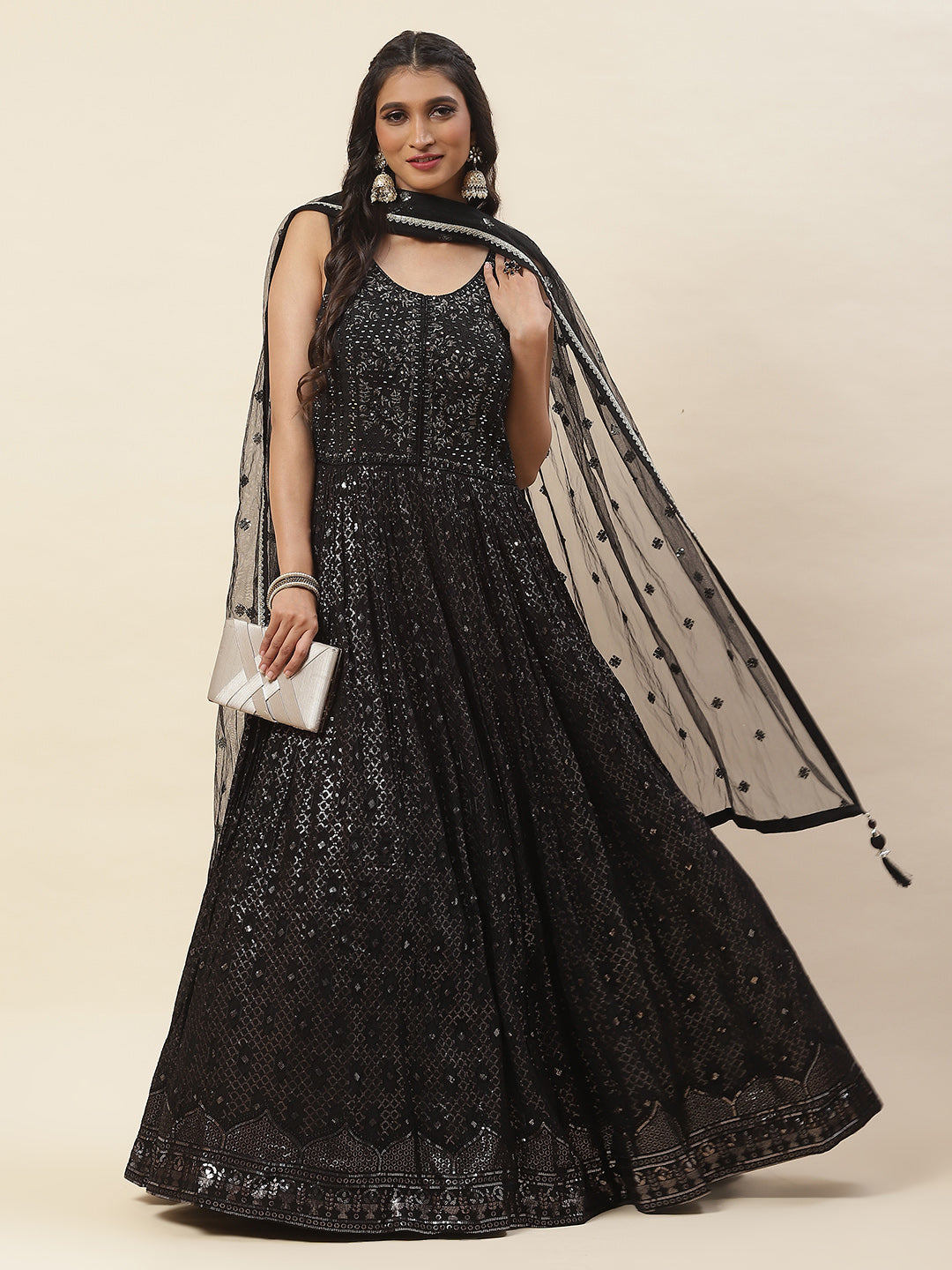 Sequence Embroidered Georgette Anarkali Kurta With Pants &amp; Dupatta