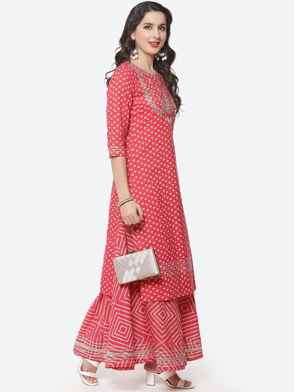 Printed Gota Work Cotton Kurti With Bandhani Printed Skirt