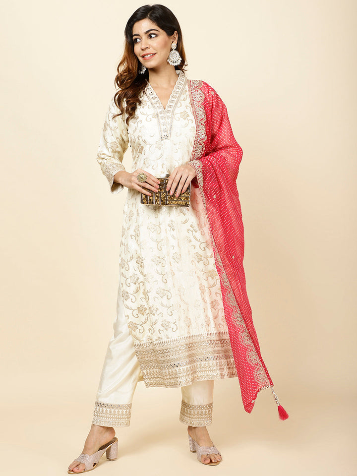 Zari Jaal Embroidered Banarsi Kurta With Pants &amp; Dupatta