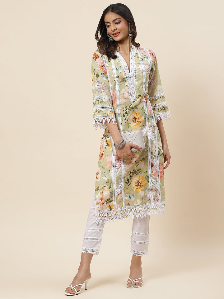 Floral Printed Cotton Kurta With Pants