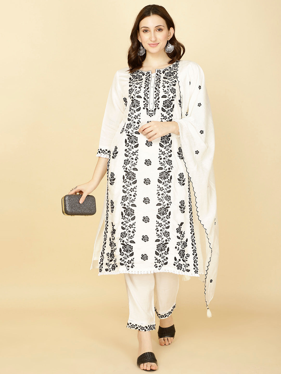 Resham Embroidery Cotton Kurta With Pants &amp; Dupatta