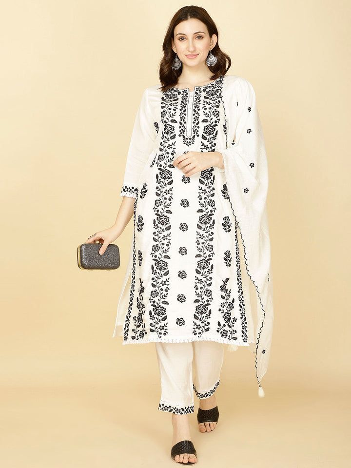 Resham Embroidery Cotton Kurta With Pants &amp; Dupatta