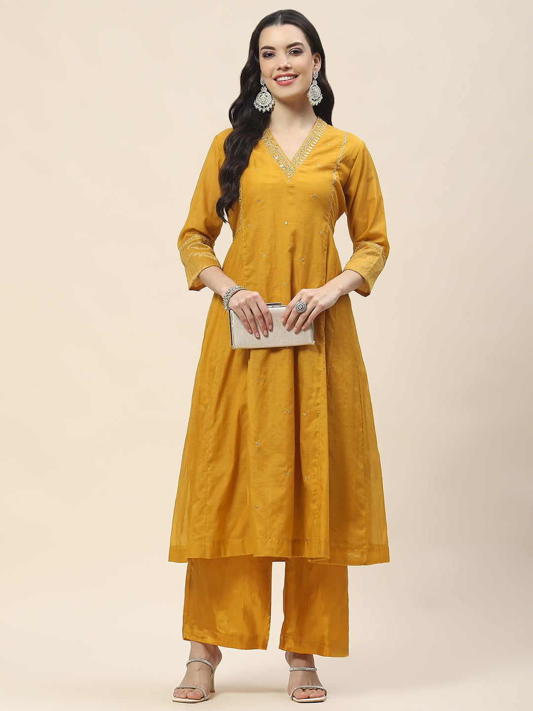 Neck Embroidered Chanderi Kurta With Pants