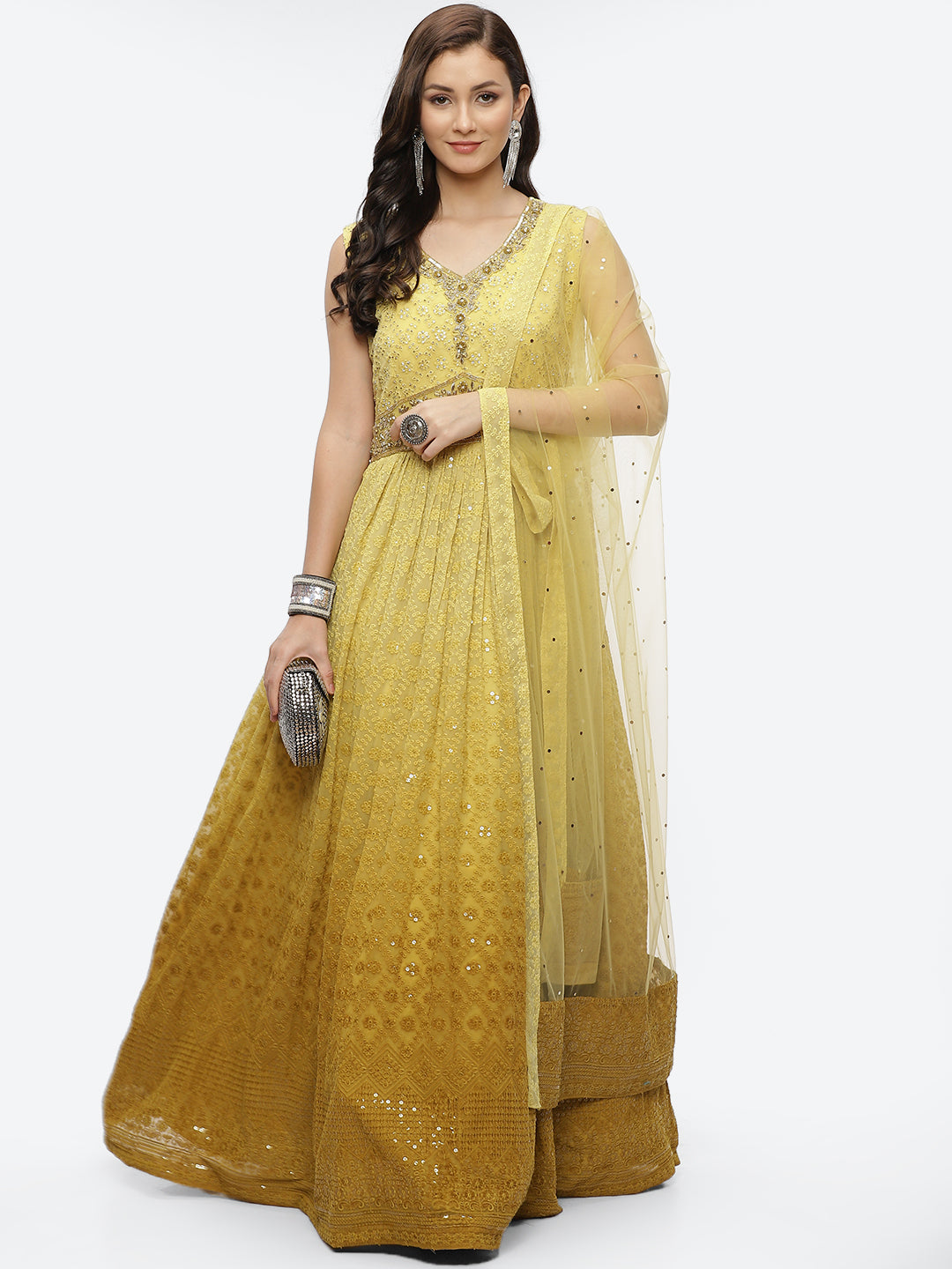 Embroidered Georgette Anarkali Kurta With Churidar &amp; Dupatta