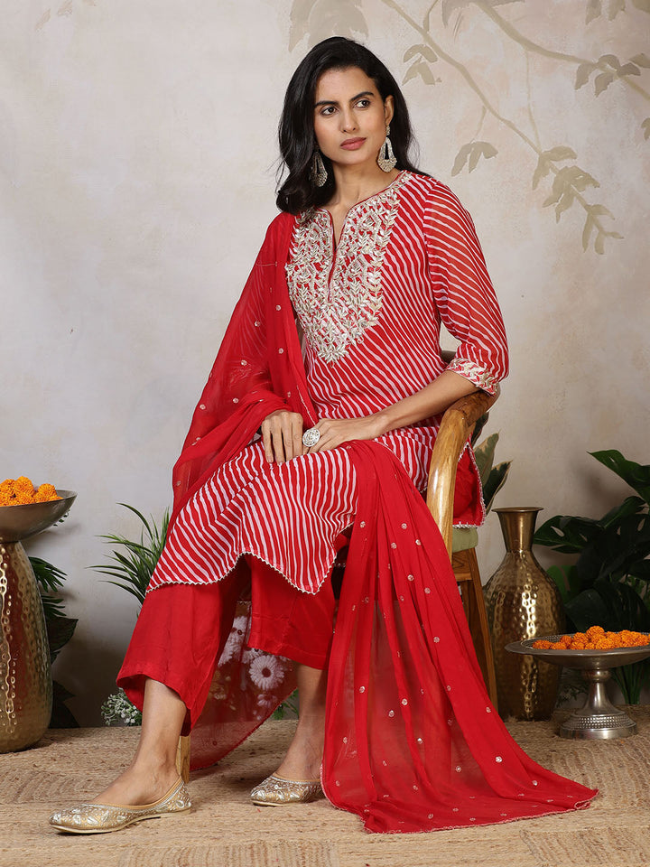 Embroidered Georgette Kurta With Pants &amp; Dupatta