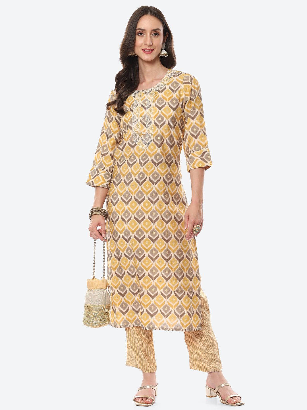 Printed Neck Embroidered Patti Chanderi Kurta With Pant