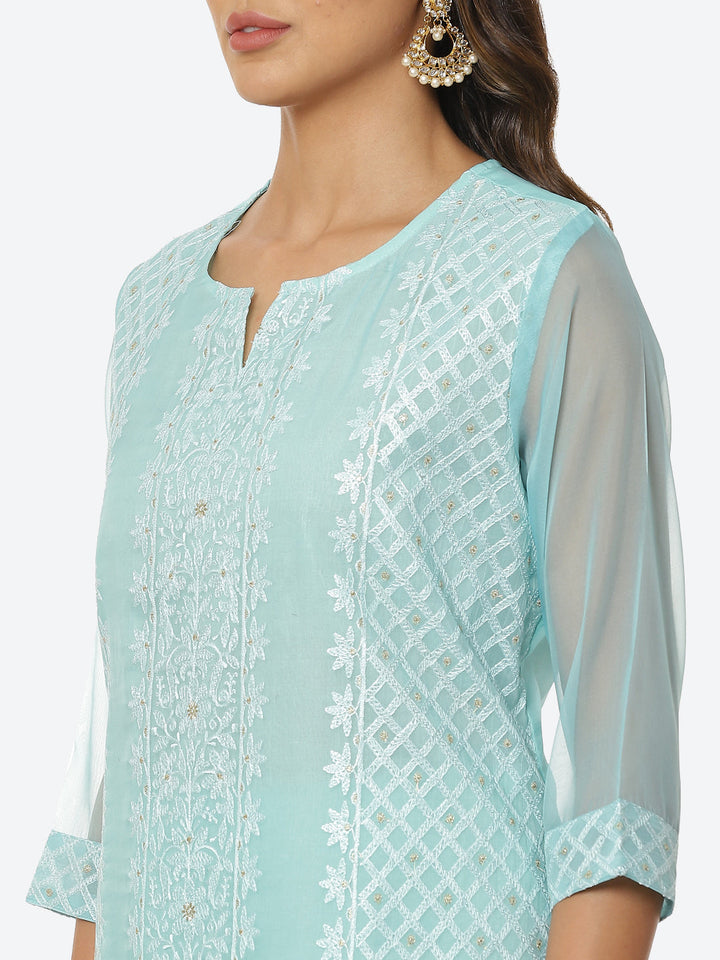 Resham Booti Organza Kurta With Pant &amp; Dupatta