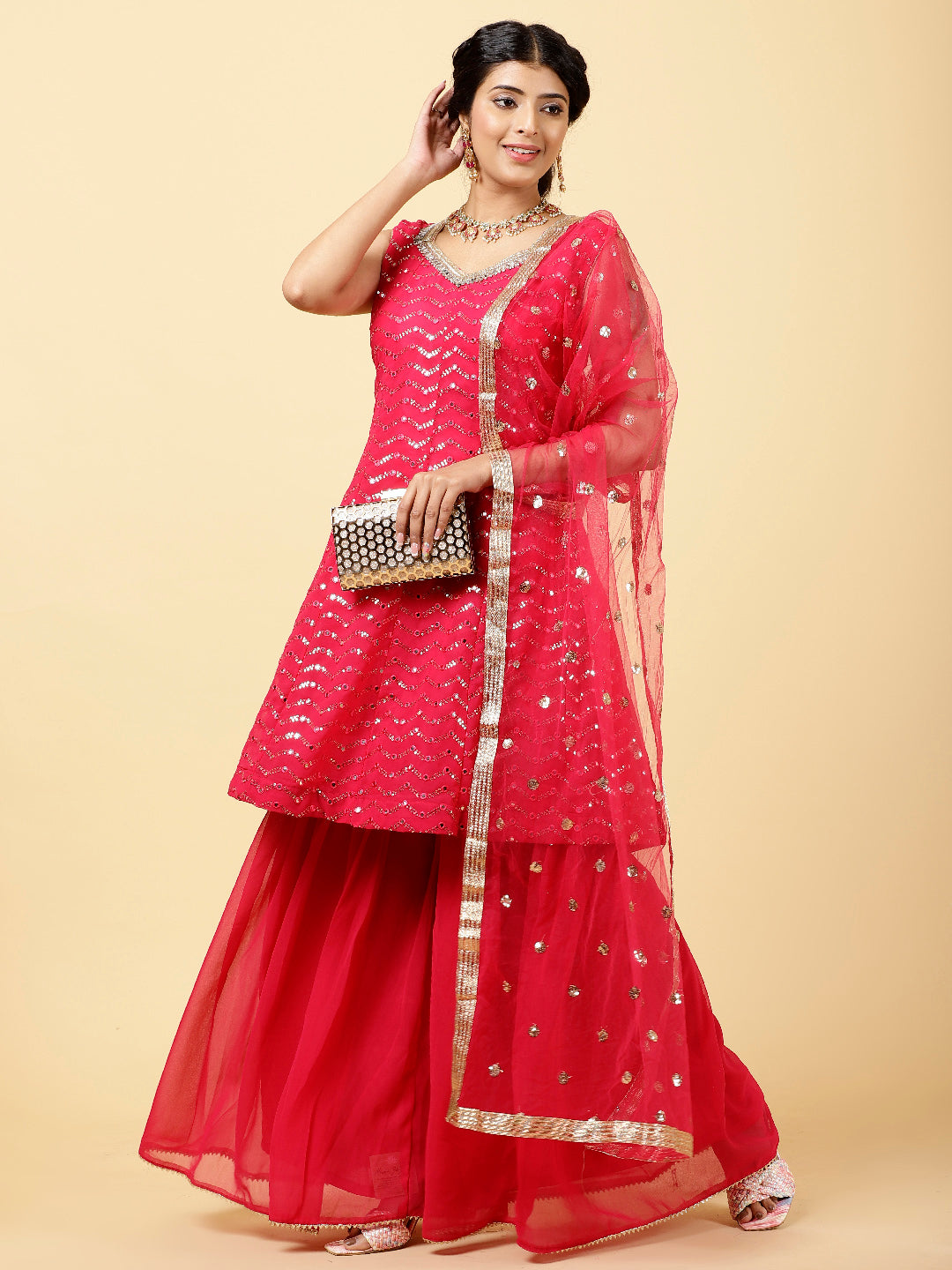 Sequin Georgette Kurta With Garara &amp; Dupatta