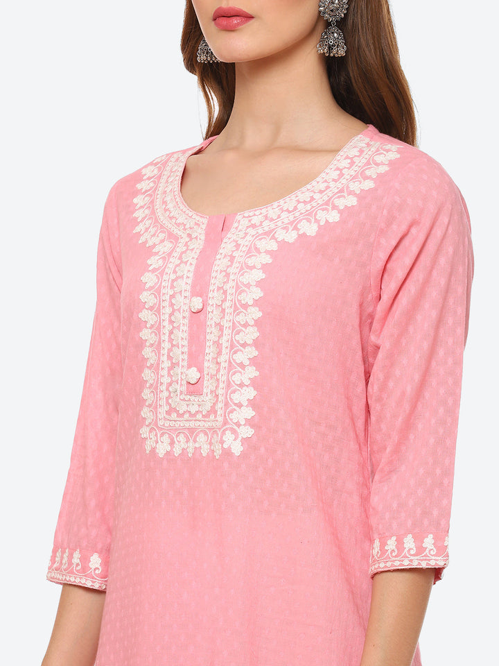 Resham Neck Embroidered Cotton Kurta With Sharara &amp; Dupatta