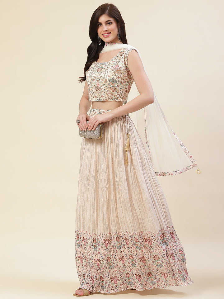 Floral Printed Crepe Choli With Lehenga &amp; Dupatta