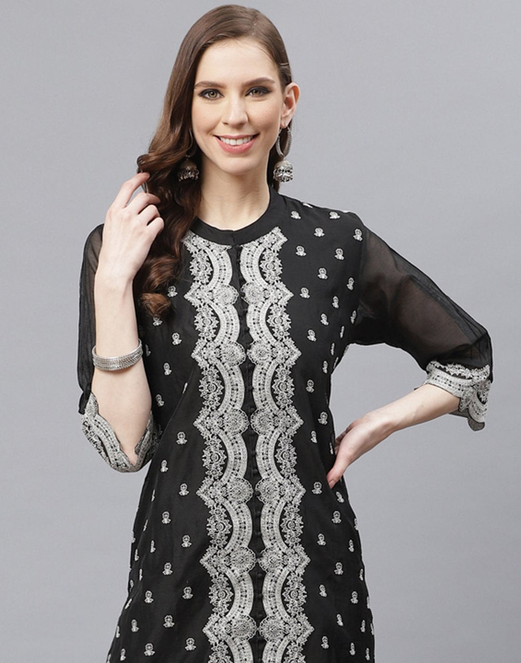 Black Straight Cotton Chanderi Kurta