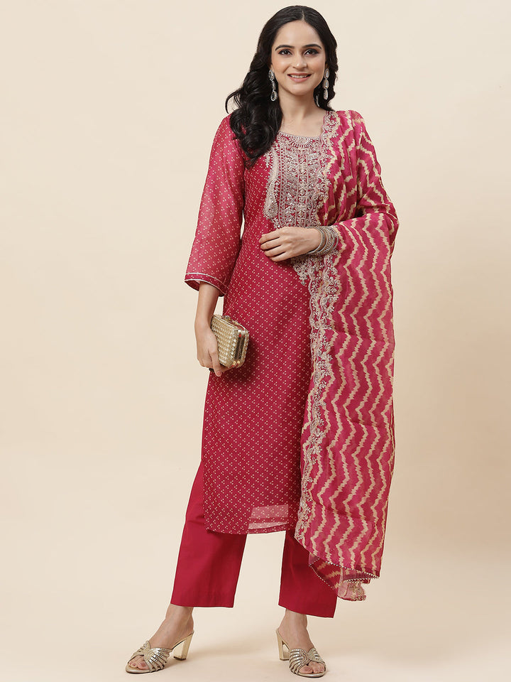 Bandhani Printed Chanderi Kurta With Pants &amp; Dupatta
