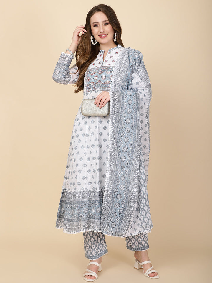 Floral Printed Cotton Kurta With Pants &amp; Dupatta