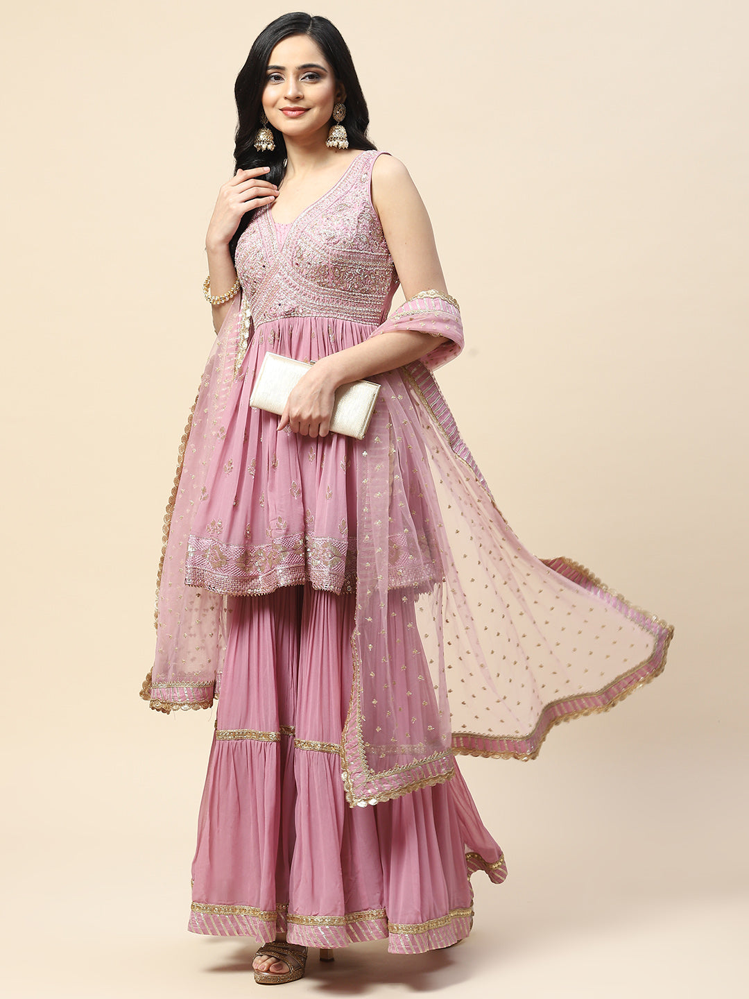 Resham Sequin Embroidered Georgette Kurta With Palazzo &amp; Dupatta